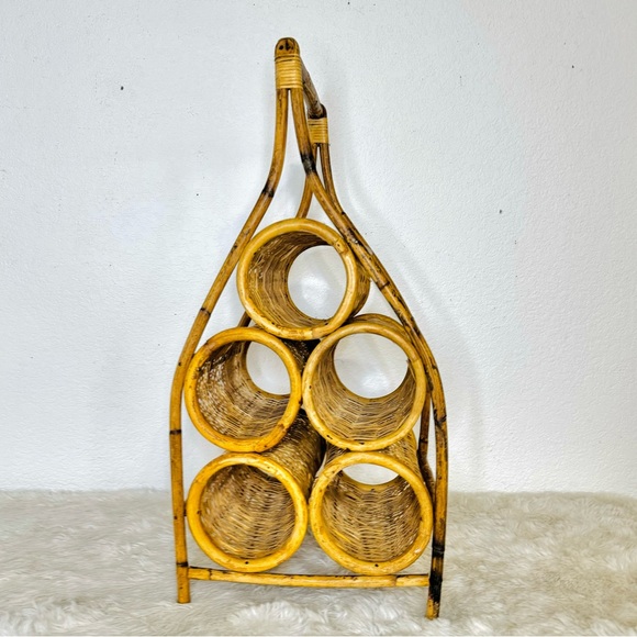 Vintage Wicker Rattan Wine Rack 5 Bottle Display - Picture 2 of 6